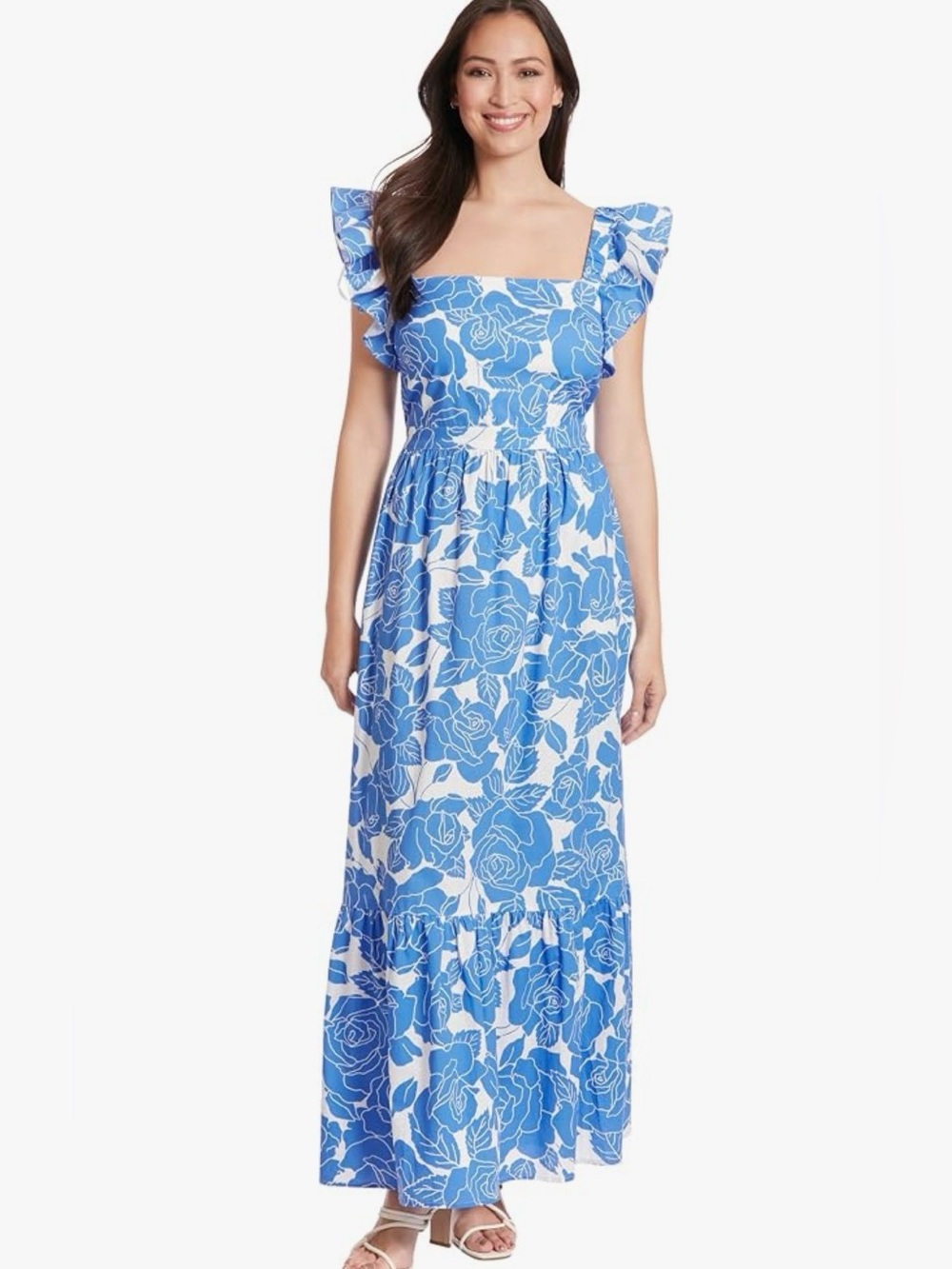London Times Blue and White Floral Ruffle-Sleeve Maxi Dress Size 8